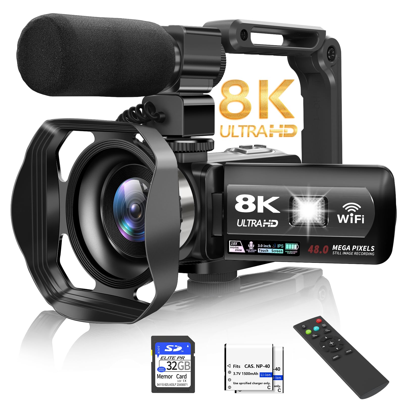 Video Camera, 8K Camcorder 48Mp 15Fps Uhd Wifi Vlogging Camera With Ir Night Vision For Youtube, 3'' Touch Screen 18X Digital Zo